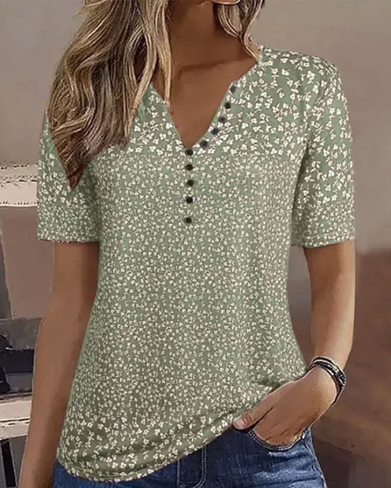 Letni Top Damski Naomi – T-shirt z Kwiatowym Nadrukiem, Krótkim Rękawem i Elastycznym, Wygodnym Krojem
