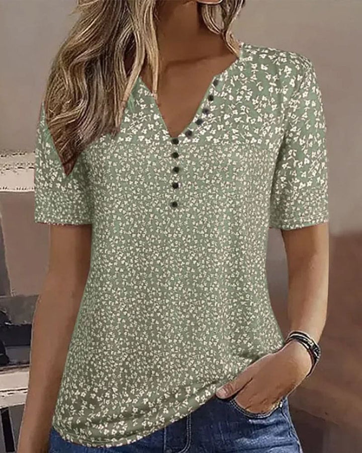 Letni Top Damski Naomi – T-shirt z Kwiatowym Nadrukiem, Krótkim Rękawem i Elastycznym, Wygodnym Krojem