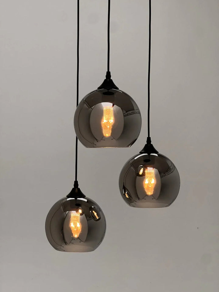 Lampa Wisząca 3-Punktowa Kule Szkło Dymione Czarna Industrialna Salon Jadalnia LED