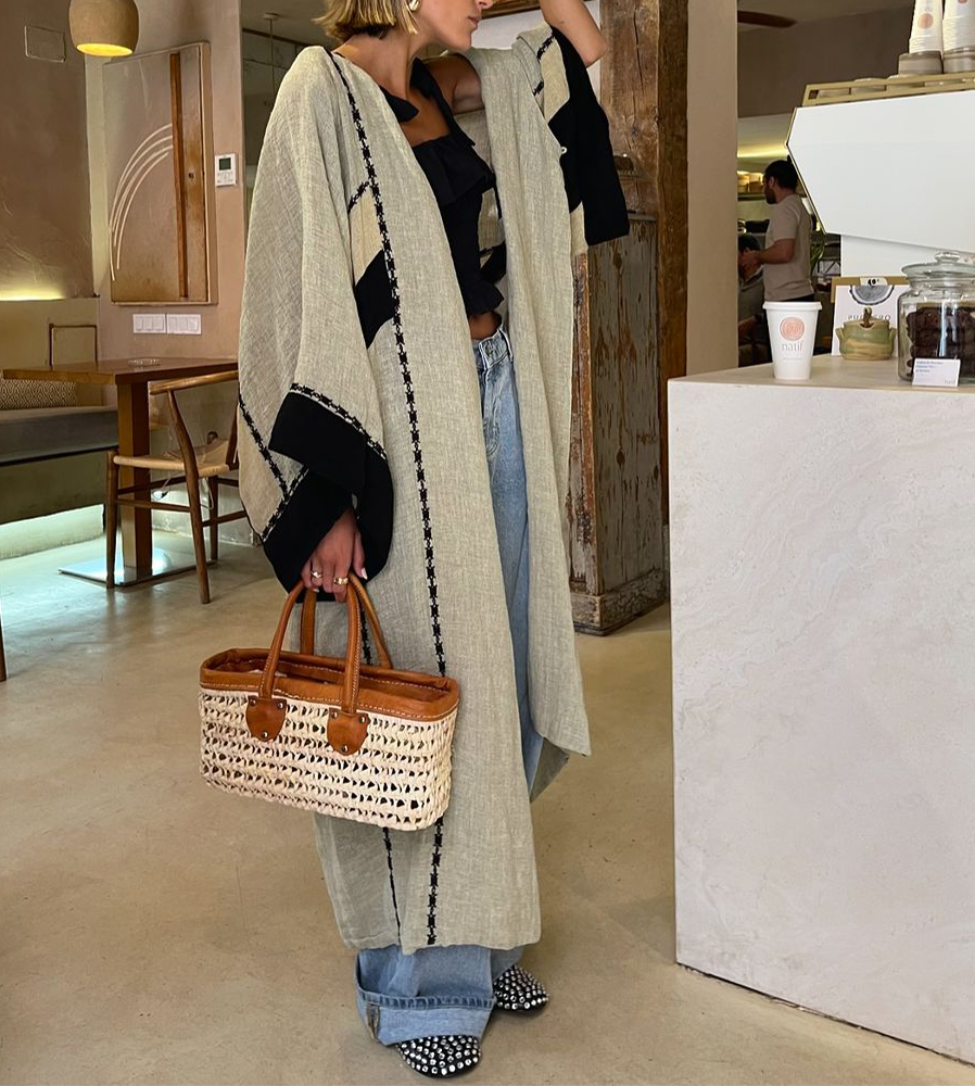 Angel Kimono Damski – Długi Lniany Kimono z Haftem w Stylu Boho Chic & Zwiewnym Krojem