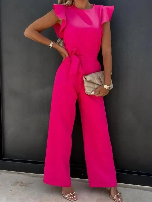 Jessy Kombinezon Damski – Luźny Jumpsuit z Rękawami Motylkowymi i Pasek Podkreślający Talię