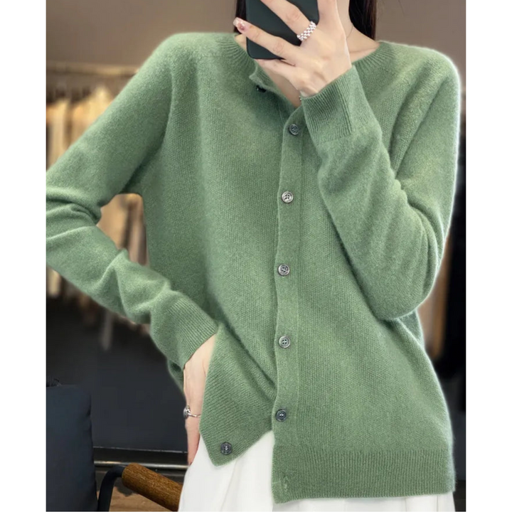 Mercy Kardigan Damski – Elegancki Sweter z Wełny Merynosa i Miękkiego Kaszmiru z Okrągłym Dekoltem