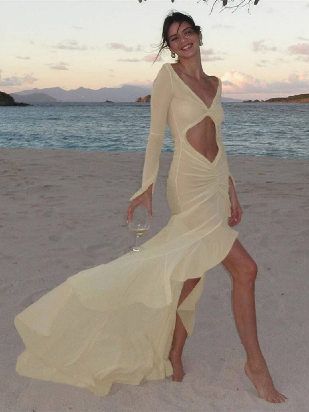 Kayliegh Sukienka Plażowa Damska – Długa Dopasowana Sukienka z Dekoltem w Serek, Rozcięciem i Rozciętymi Rękawami w Stylu Boho