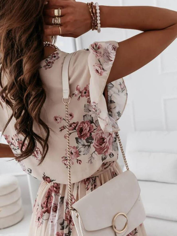 Jamela Sukienka Damska – Kwiatowa Sukienka Midi w Stylu Boho z Paskiem, Krótkimi Rękawami i Dekoltem w Serek