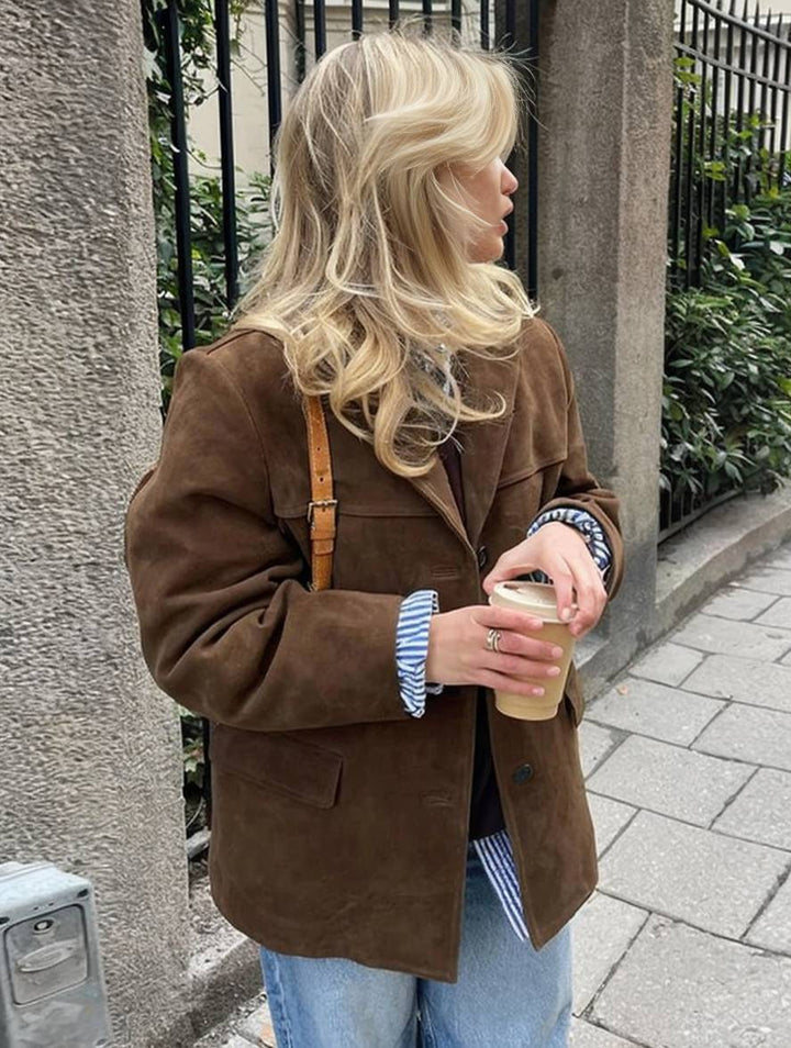 Linda Marynarka Damska – Elegancka Kurtka z Zamszu ze Stójką, Kieszeniami i Długimi Rękawami