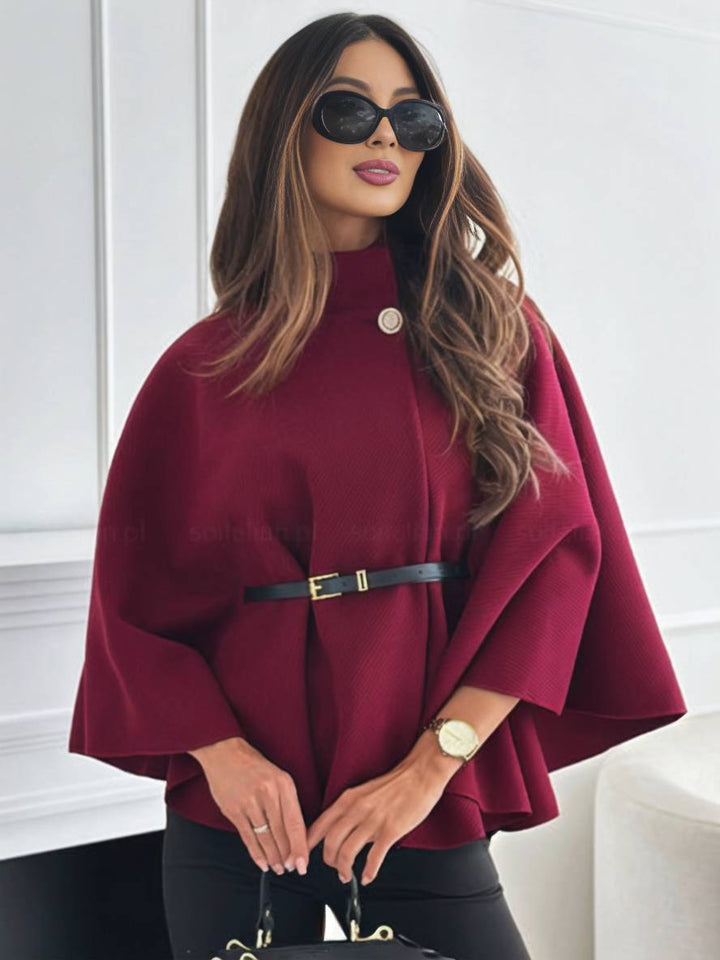 Judith Poncho Damskie – Krótki Elegancki Płaszcz z Guzikami, Paskiem i Rękawami Nietoperzowymi