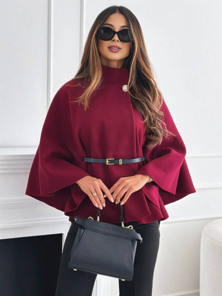 Judith Poncho Damskie – Krótki Elegancki Płaszcz z Guzikami, Paskiem i Rękawami Nietoperzowymi