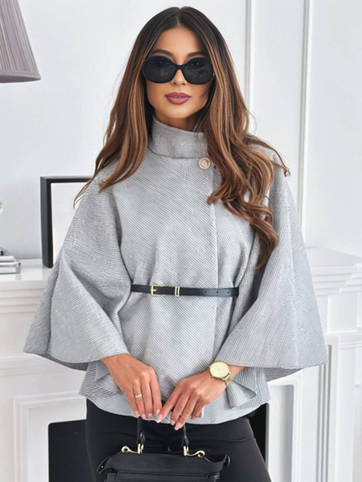 Judith Poncho Damskie – Krótki Elegancki Płaszcz z Guzikami, Paskiem i Rękawami Nietoperzowymi