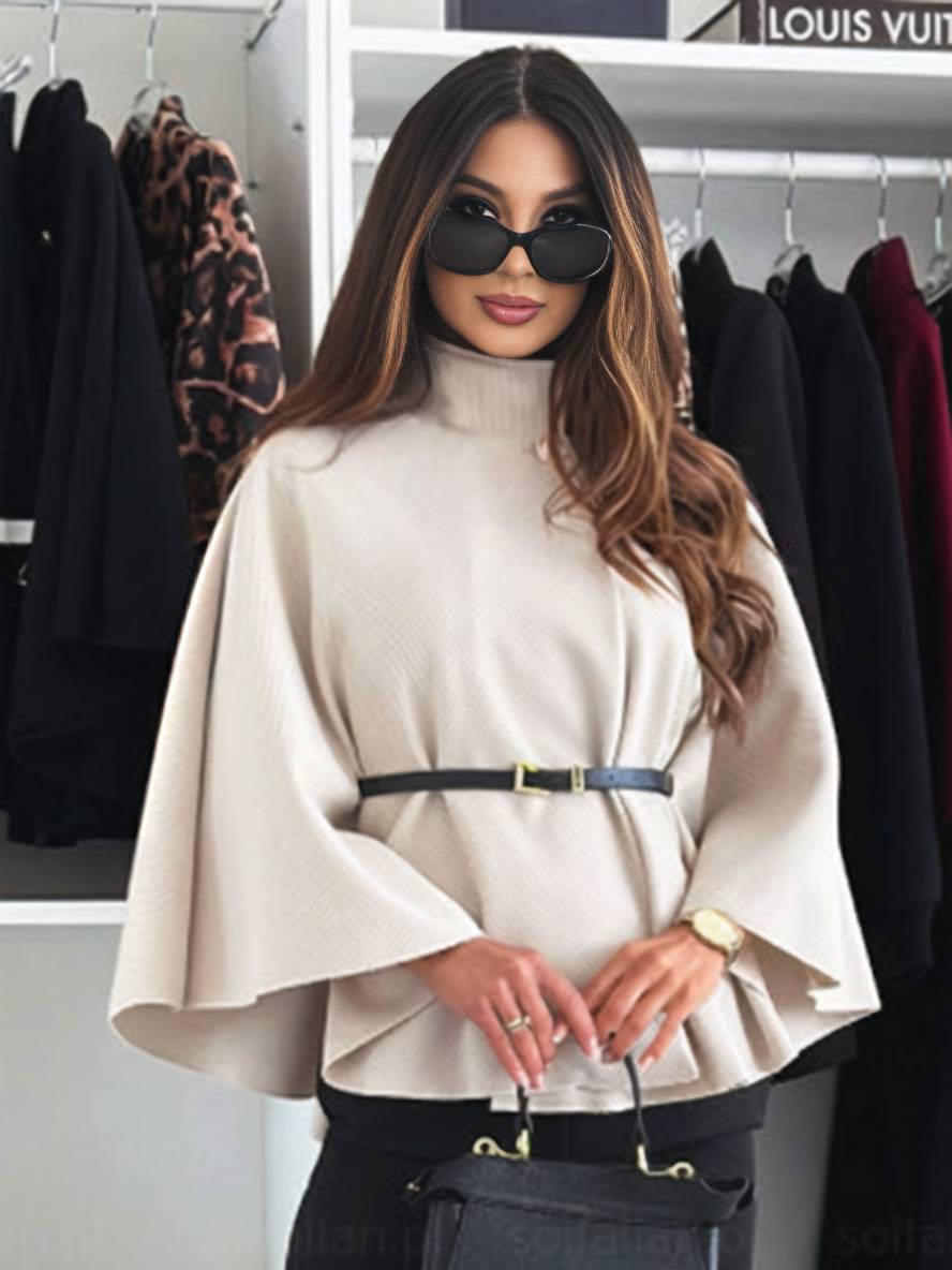 Judith Poncho Damskie – Krótki Elegancki Płaszcz z Guzikami, Paskiem i Rękawami Nietoperzowymi