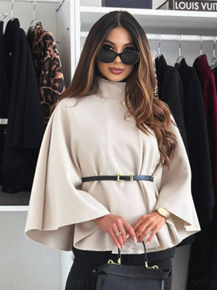 Judith Poncho Damskie – Krótki Elegancki Płaszcz z Guzikami, Paskiem i Rękawami Nietoperzowymi