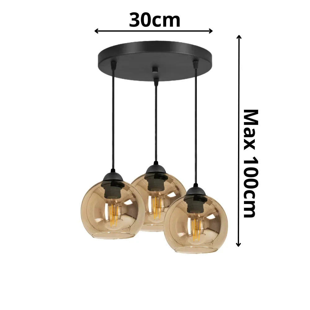 Lampa Wisząca 3-Punktowa Kule Szkło Dymione Czarna Nowoczesna LED Salon Jadalnia Amber