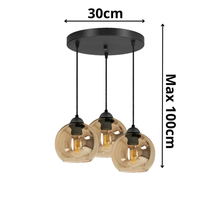 Lampa Wisząca 3-Punktowa Kule Szkło Dymione Czarna Nowoczesna LED Salon Jadalnia Amber