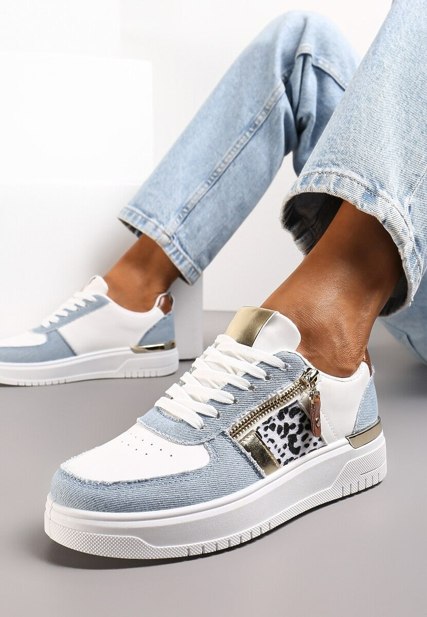 Natalie Damskie Sneakersy – Białe Sneakersy z Denimowymi Detalami & Dekoracyjnym Zamkiem