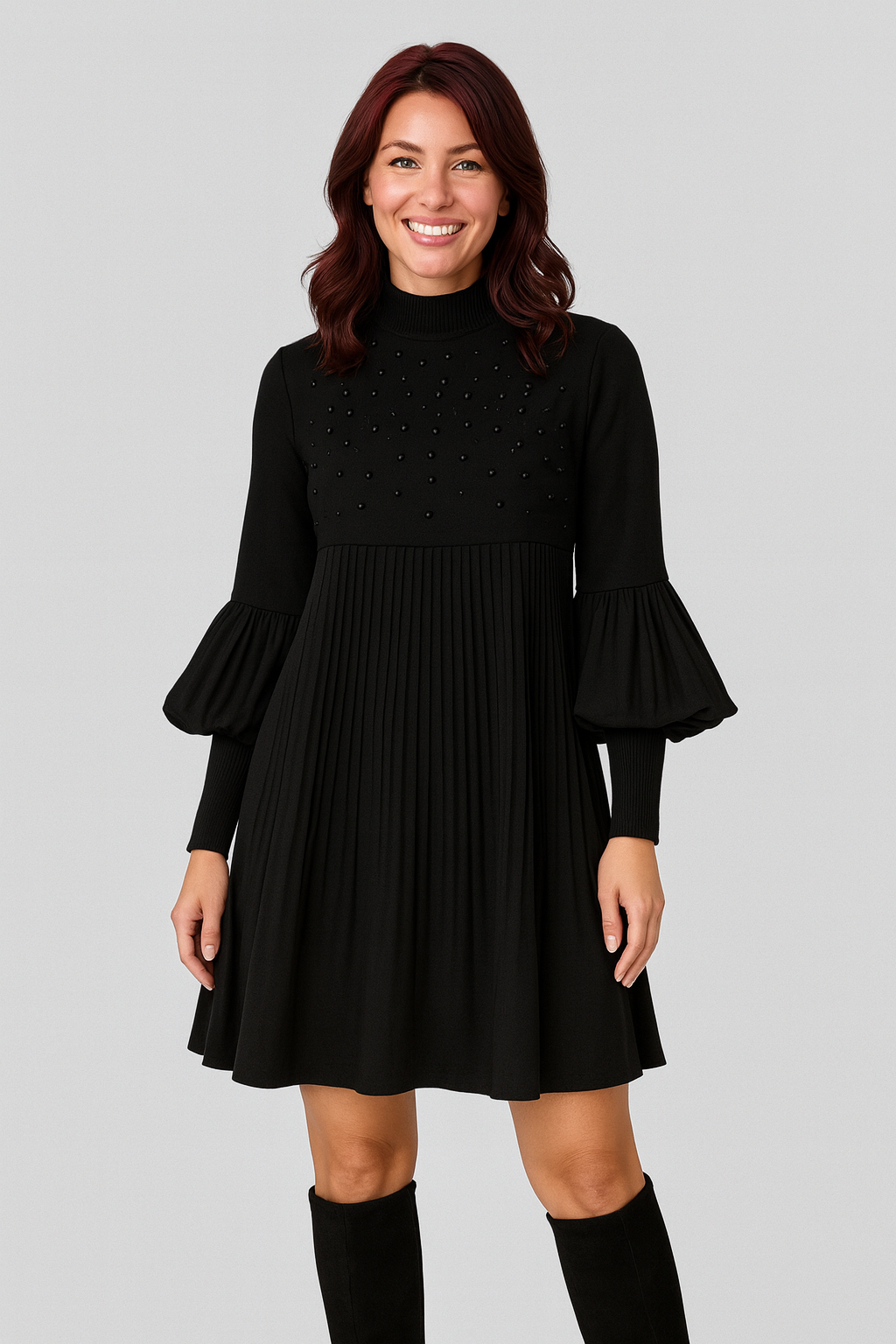 Luna | Elegancka Sukienka Plisowana z Bufiastymi Rękawami