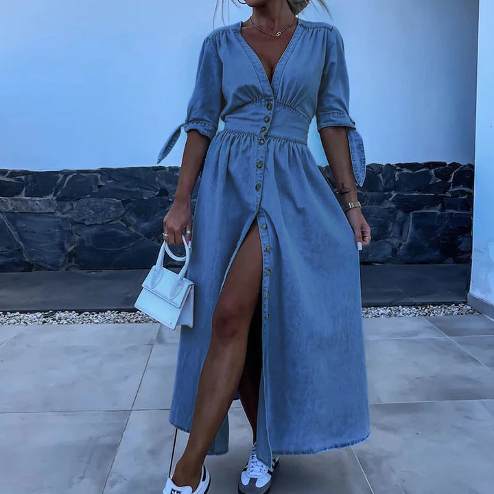 Jane Sukienka Jeansowa Damska – Długa Sukienka z Denimu z Guzikami & Swobodny, Kobiecy Look