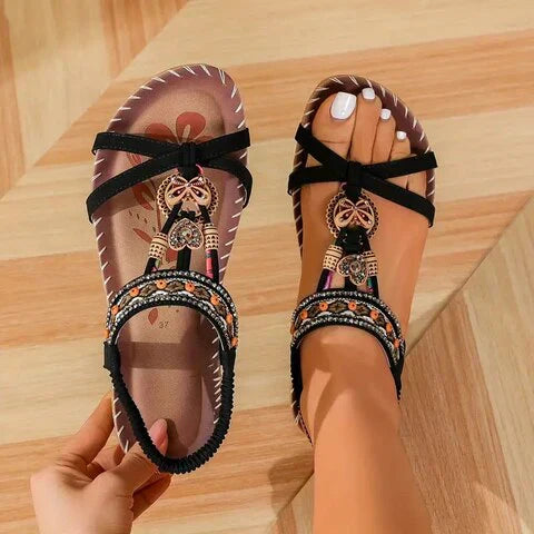 Lainey Sandały Damskie – Eleganckie Boho Sandały na Płaskiej Podeszwie z Naturalnym Etnicznym Wyglądem