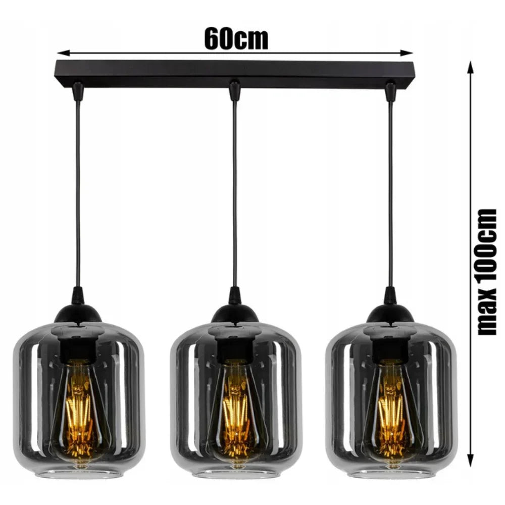 Lampa Wisząca Podłużna 3-Punktowa Szkło Dymione Czarna Nowoczesna LED Salon Kuchnia 60cm