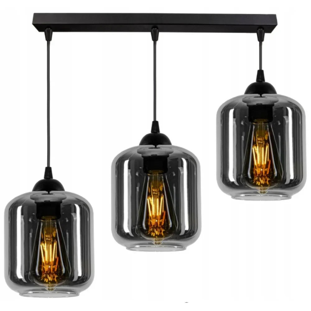 Lampa Wisząca Podłużna 3-Punktowa Szkło Dymione Czarna Nowoczesna LED Salon Kuchnia 60cm
