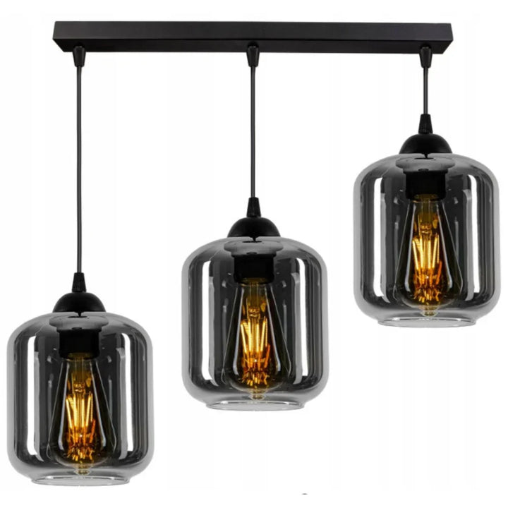 Lampa Wisząca Podłużna 3-Punktowa Szkło Dymione Czarna Nowoczesna LED Salon Kuchnia 60cm