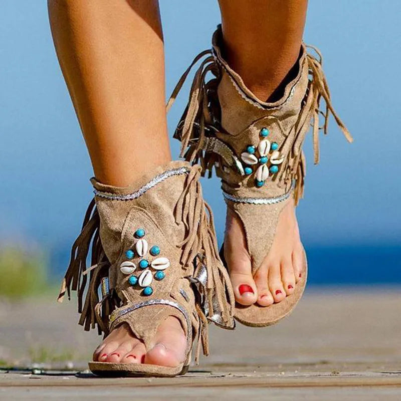 Katherine Boho Sandały Damskie – Letnie Sandały z Frędzlami i Perełkami dla Swobodnego Looku