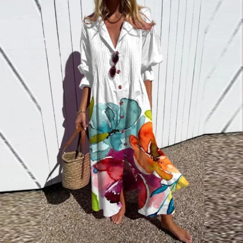 Melissa Długa Sukienka Boho Damska – Głęboki Dekolt w Serek, Zwiewna i Lekka Sylwetka na Lato