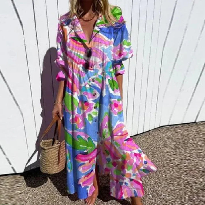 Melissa Długa Sukienka Boho Damska – Głęboki Dekolt w Serek, Zwiewna i Lekka Sylwetka na Lato