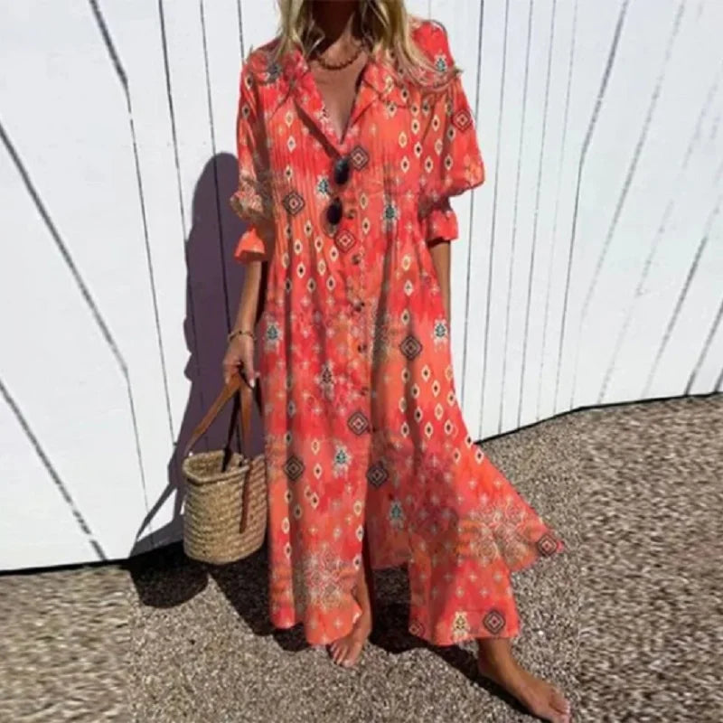 Melissa Długa Sukienka Boho Damska – Głęboki Dekolt w Serek, Zwiewna i Lekka Sylwetka na Lato