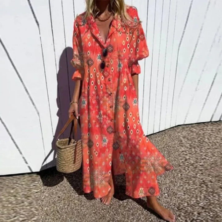 Melissa Długa Sukienka Boho Damska – Głęboki Dekolt w Serek, Zwiewna i Lekka Sylwetka na Lato