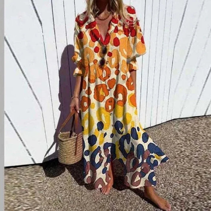 Melissa Długa Sukienka Boho Damska – Głęboki Dekolt w Serek, Zwiewna i Lekka Sylwetka na Lato