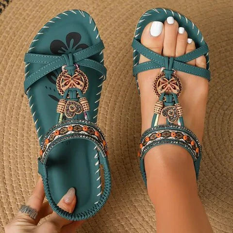 Lainey Sandały Damskie – Eleganckie Boho Sandały na Płaskiej Podeszwie z Naturalnym Etnicznym Wyglądem