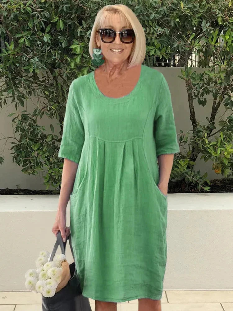 Dorothy Sukienka Damska – Bawełniano-Lniania Sukienka Midi z Praktycznymi Kieszeniami i Swobodnym Stylem