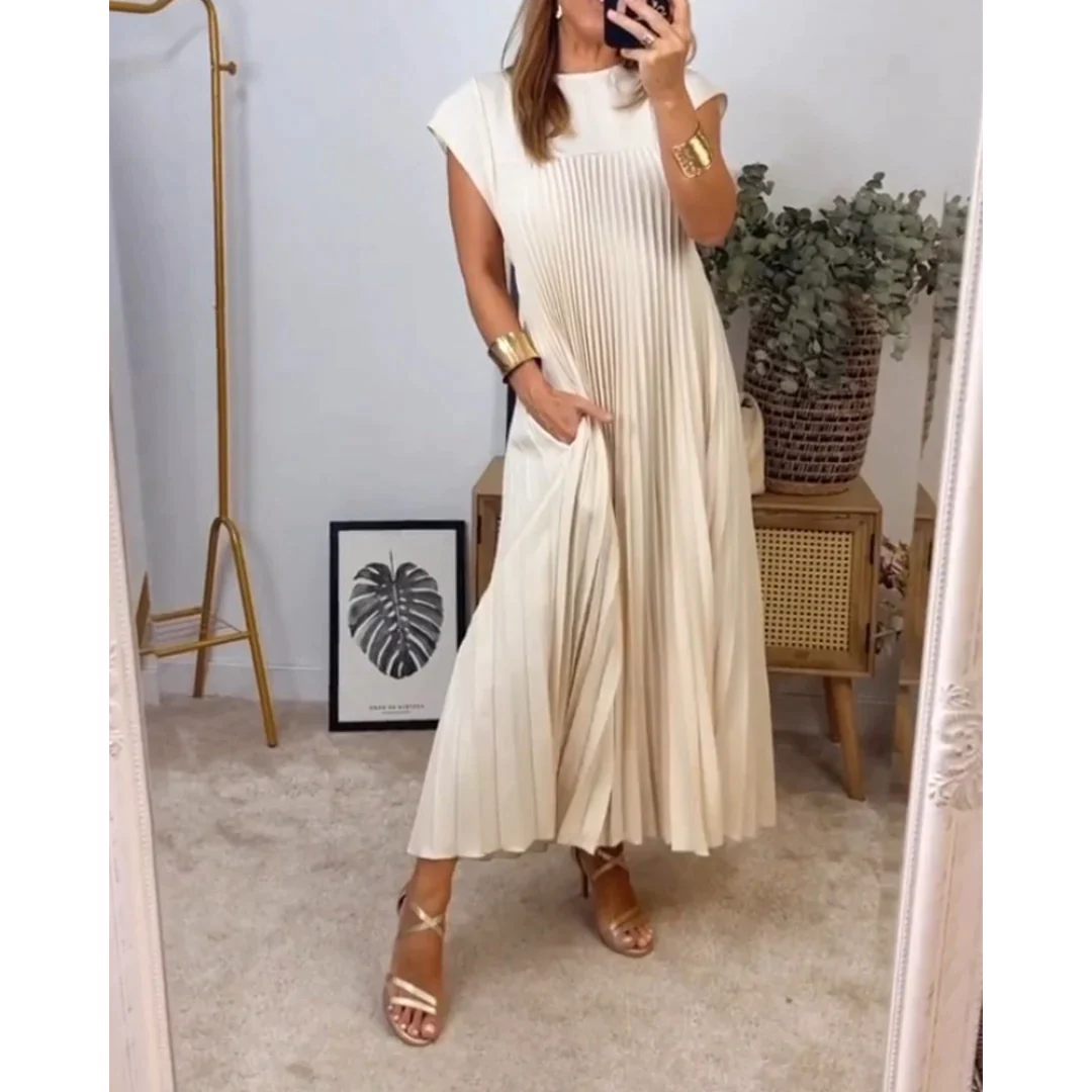 Esther Sukienka Bez Rękawów Damska – Elegancka Plisowana Sukienka w Jednolitym Kolorze na Lato i Stylowe Wyjścia