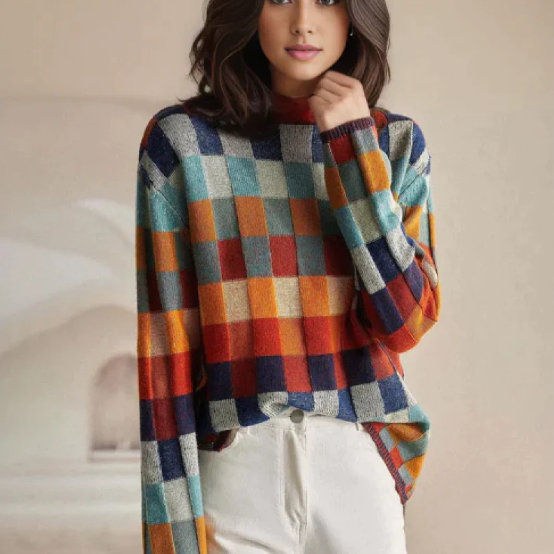 Nicole Sweter Damski Luksusowy – Elegancki Sweter w Kratę z Miękkiego i Wyrafinowanego Kaszmiru