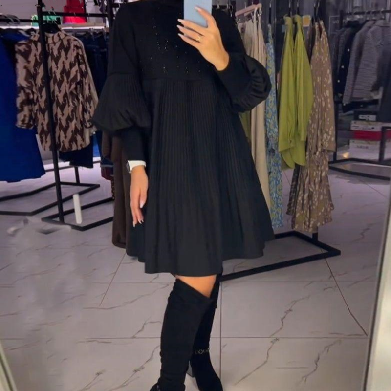 Luna | Elegancka Sukienka Plisowana z Bufiastymi Rękawami