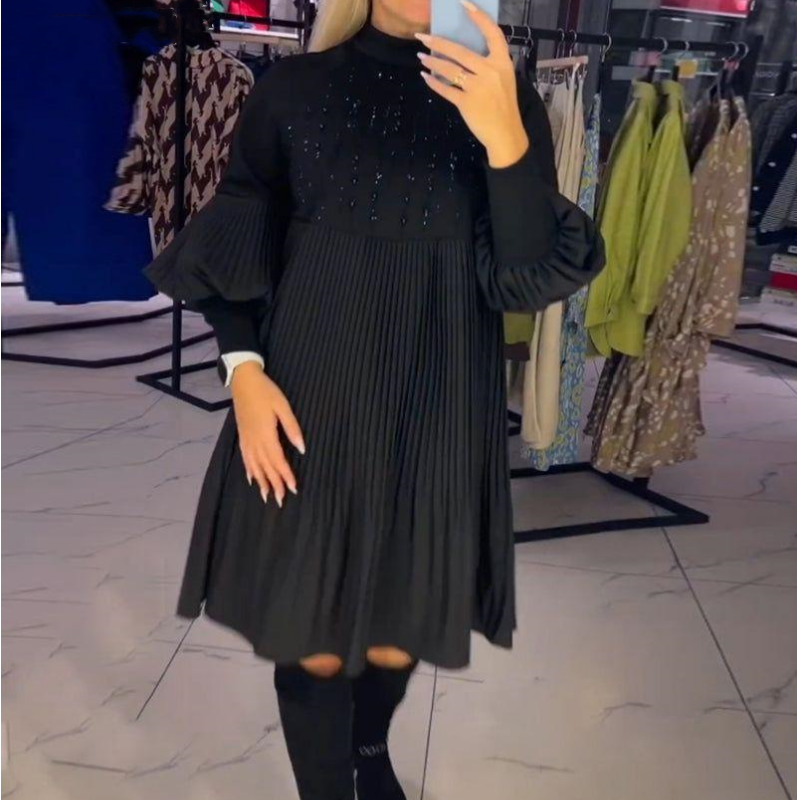 Luna | Elegancka Sukienka Plisowana z Bufiastymi Rękawami