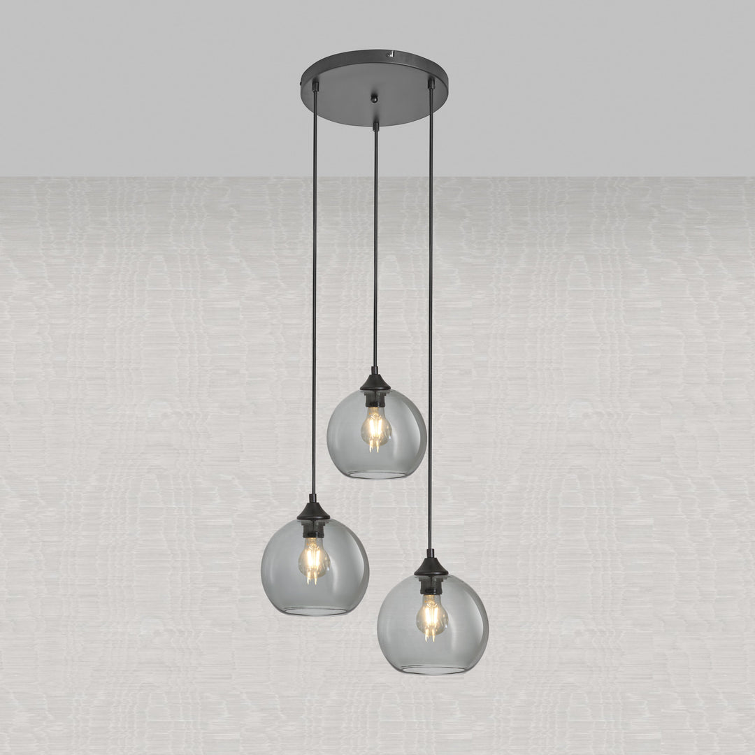Lampa Wisząca 3-Punktowa Kule Szkło Dymione Czarna Industrialna Salon Jadalnia LED