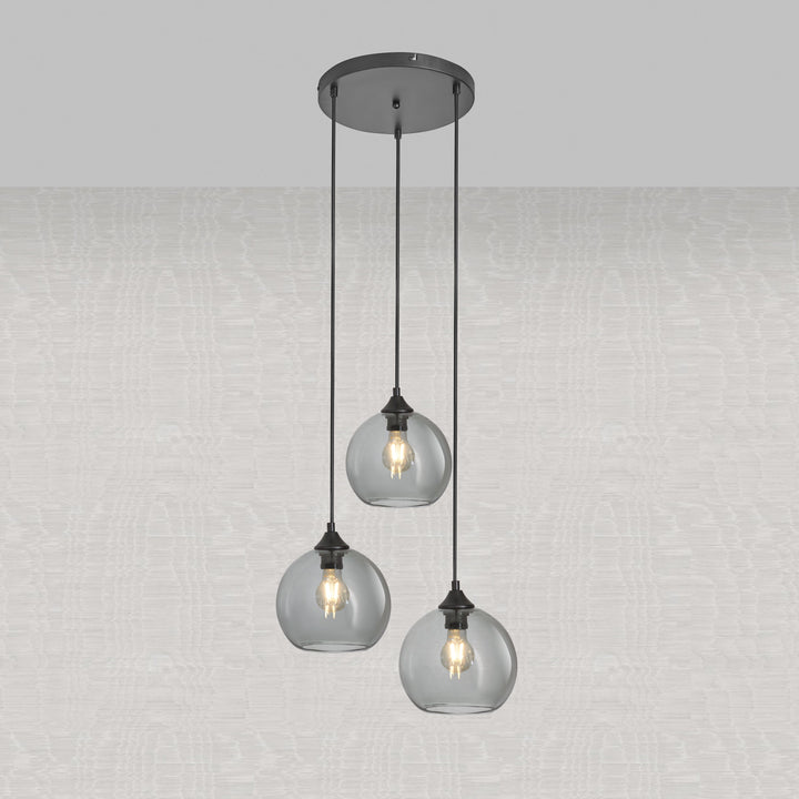 Lampa Wisząca 3-Punktowa Kule Szkło Dymione Czarna Industrialna Salon Jadalnia LED