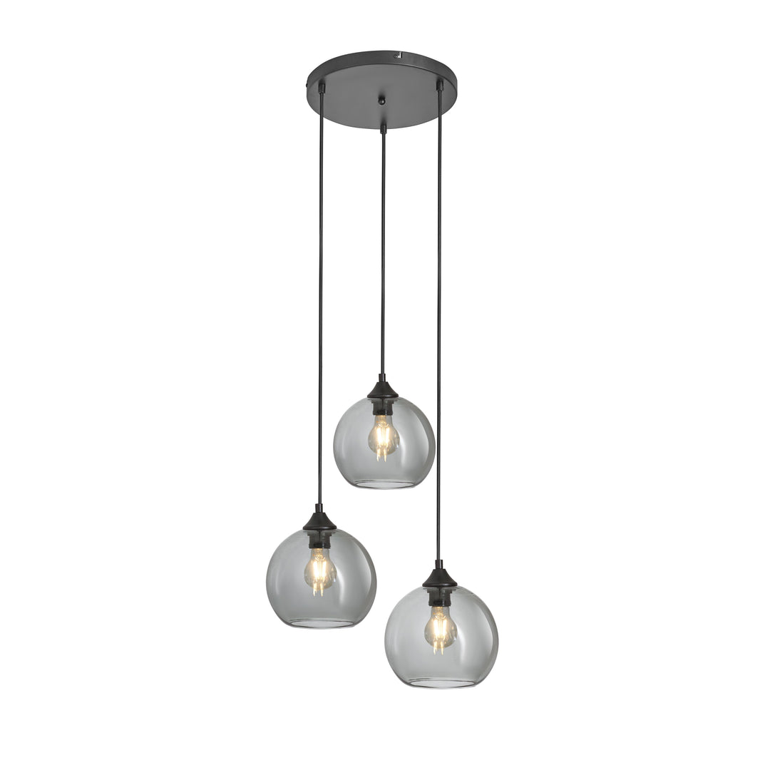 Lampa Wisząca 3-Punktowa Kule Szkło Dymione Czarna Industrialna Salon Jadalnia LED