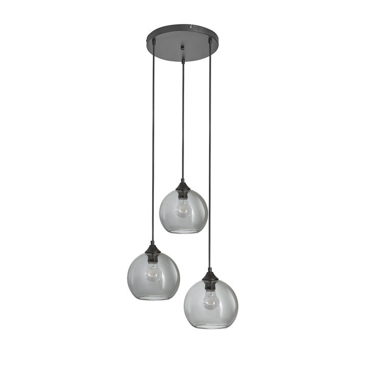 Lampa Wisząca 3-Punktowa Kule Szkło Dymione Czarna Industrialna Salon Jadalnia LED