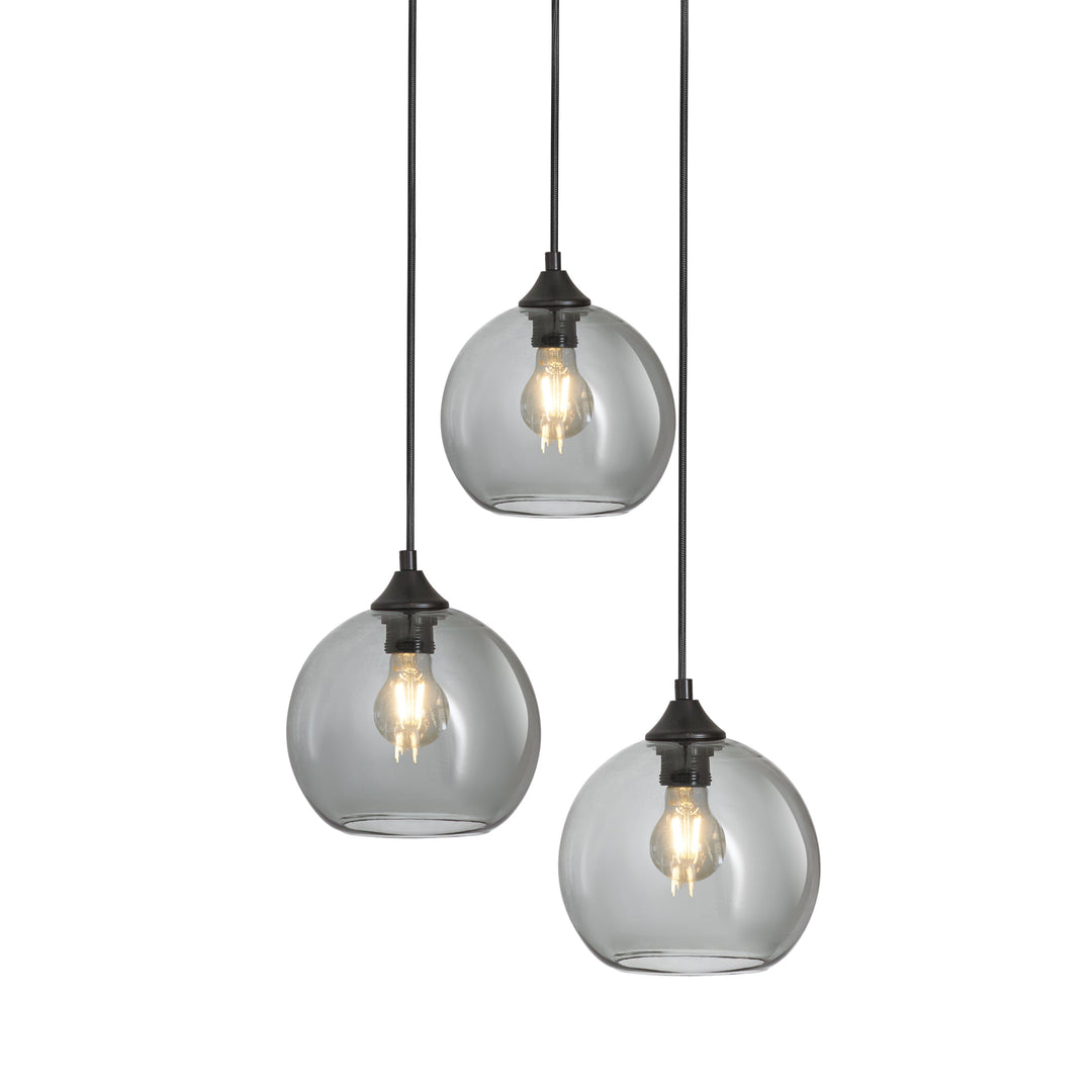 Lampa Wisząca 3-Punktowa Kule Szkło Dymione Czarna Industrialna Salon Jadalnia LED