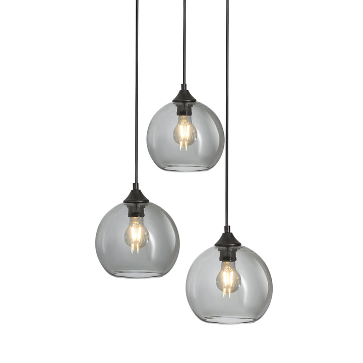 Lampa Wisząca 3-Punktowa Kule Szkło Dymione Czarna Industrialna Salon Jadalnia LED