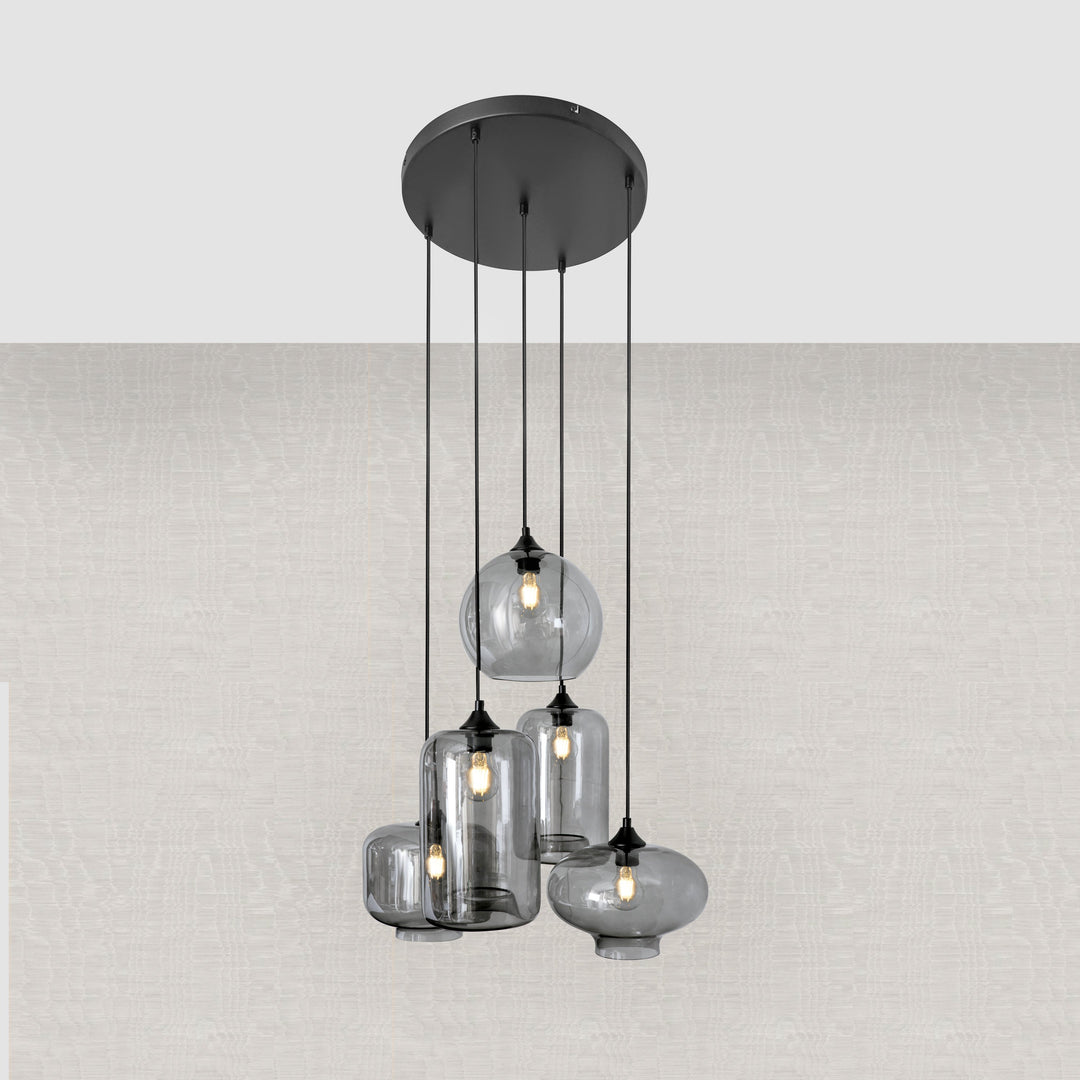 Lampa Wisząca 5-Punktowa Szklane Klosze Dymione Czarna Industrialna LED Salon Jadalnia