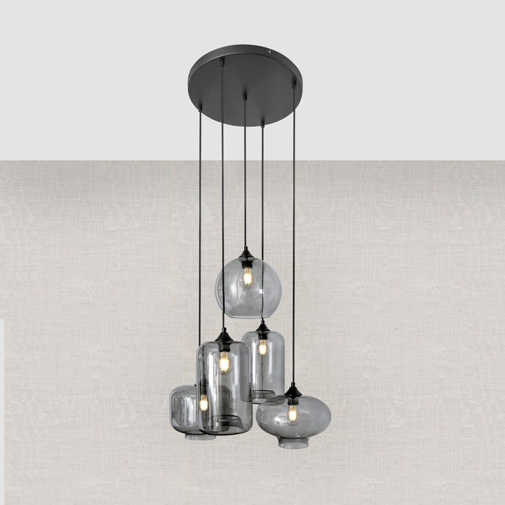 Lampa Wisząca 5-Punktowa Szklane Klosze Dymione Czarna Industrialna LED Salon Jadalnia