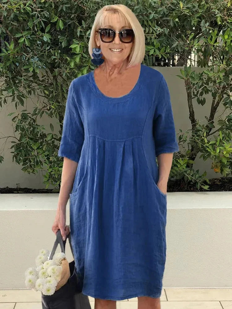 Dorothy Sukienka Damska – Bawełniano-Lniania Sukienka Midi z Praktycznymi Kieszeniami i Swobodnym Stylem