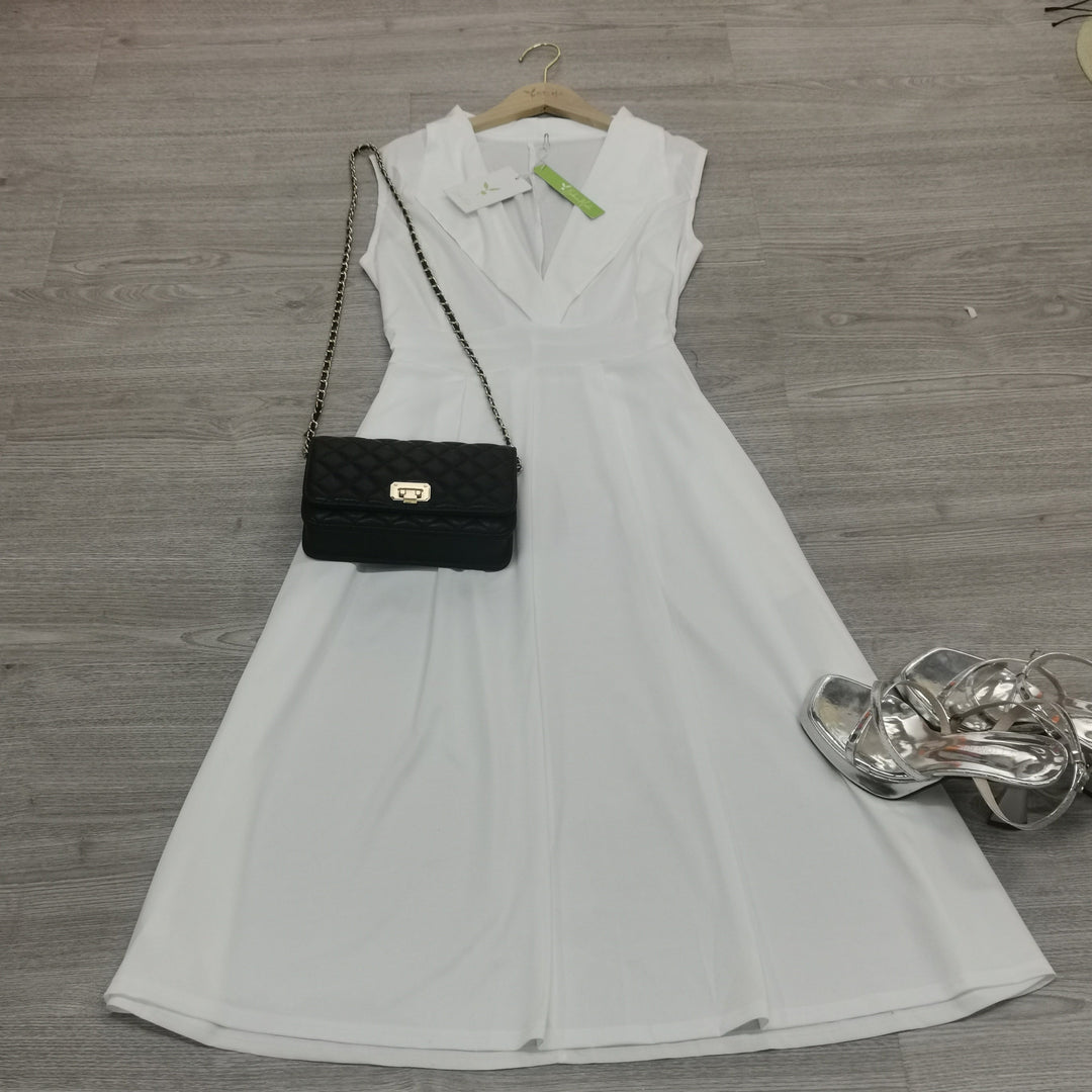 Robe Longue Femme Beatrice – Élégante Robe Blanche avec Décolleté en V pour l’Été et les Événements Spéciaux