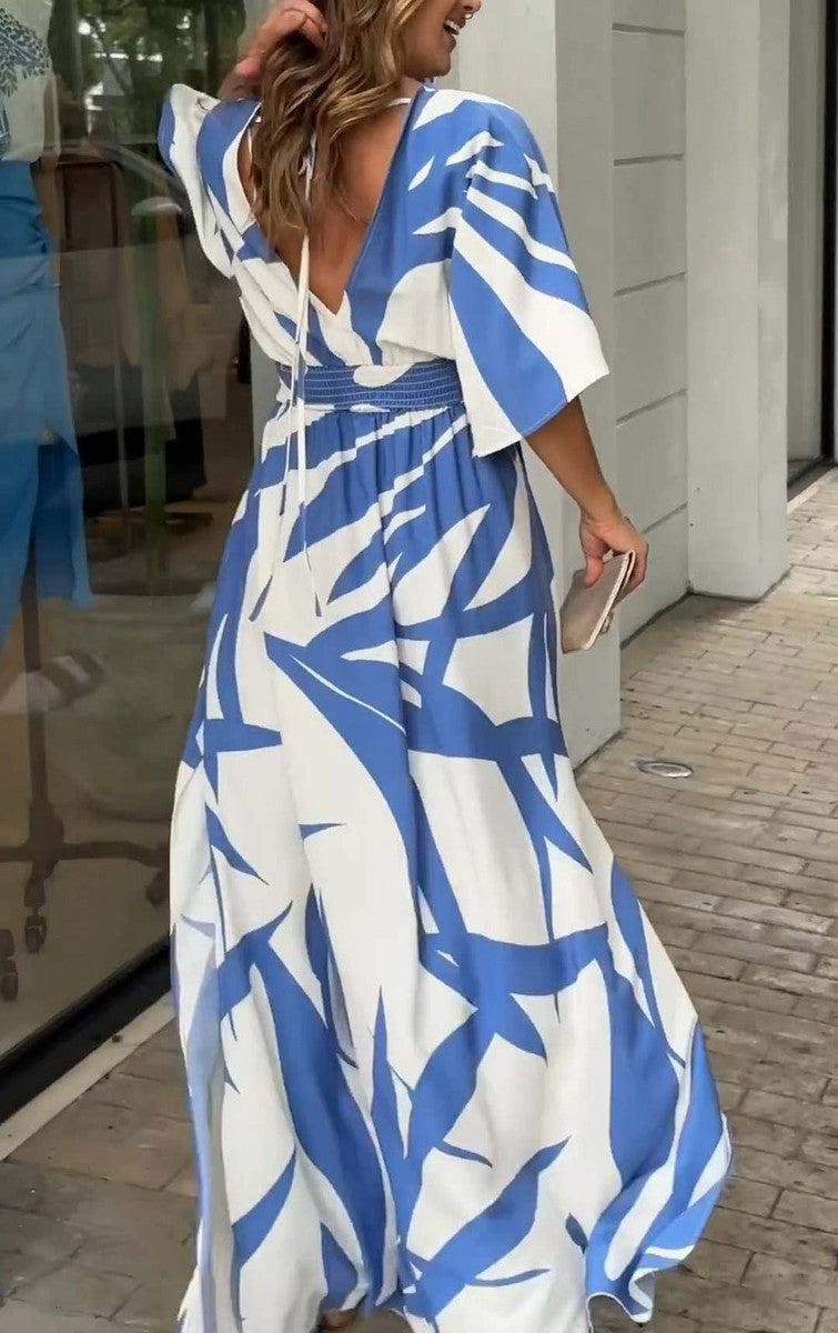 Gracie Damska Sukienka Maxi – Niebieska Sukienka A-Linii z Printem, Dekoltem w Serek & 3/4 Rękawami