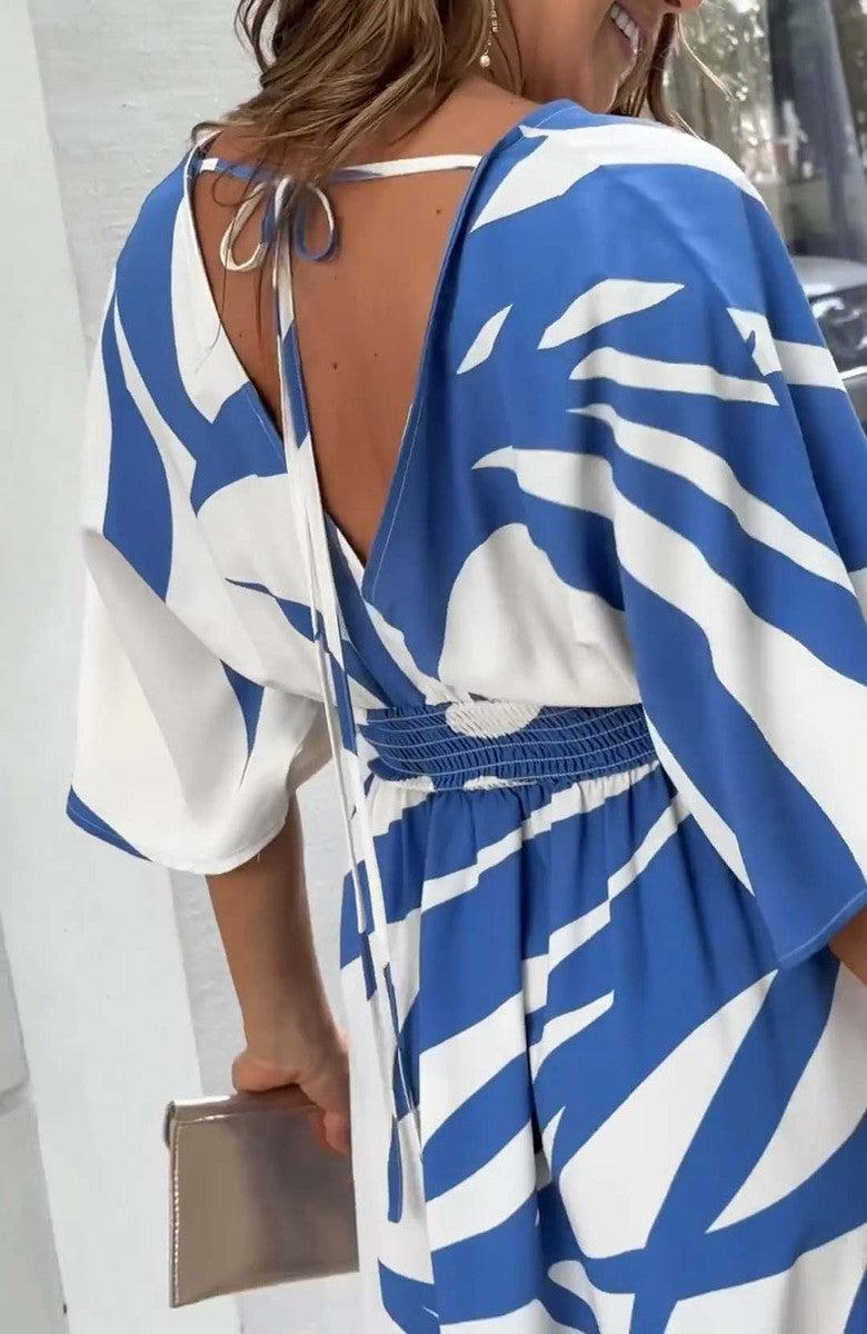 Gracie Damska Sukienka Maxi – Niebieska Sukienka A-Linii z Printem, Dekoltem w Serek & 3/4 Rękawami