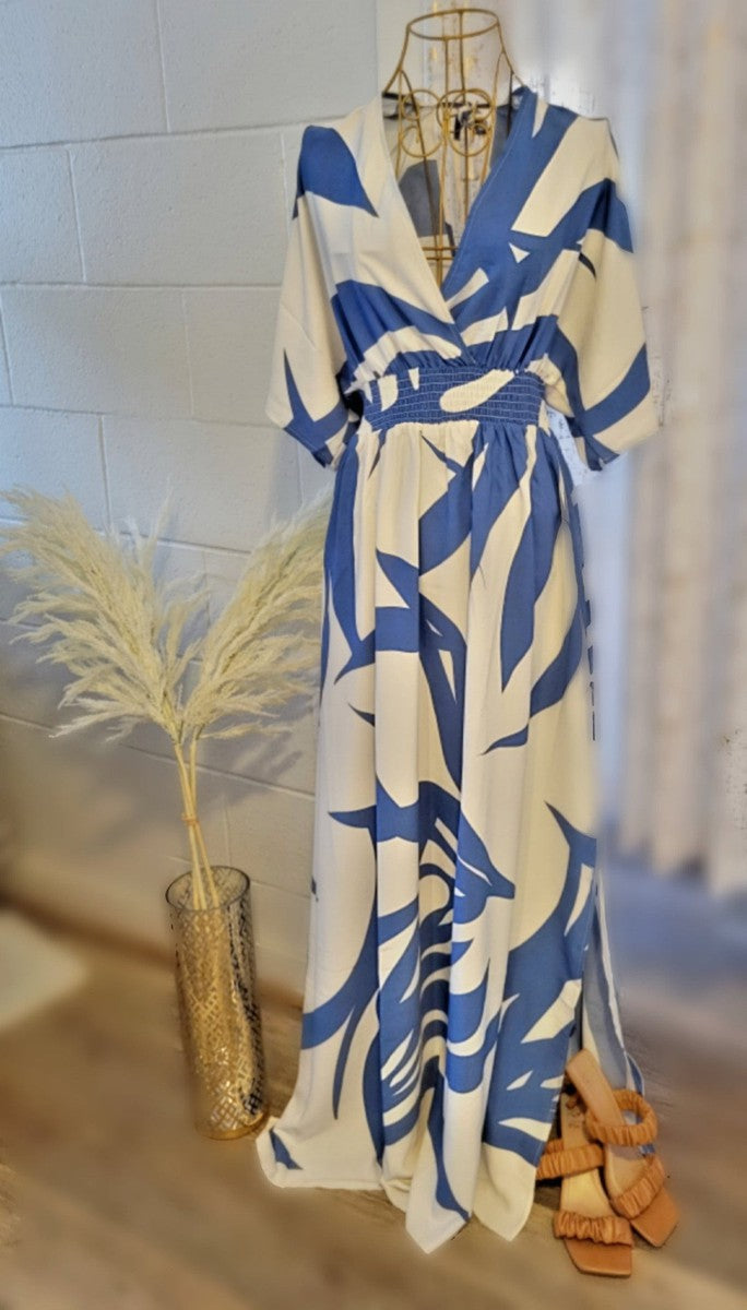 Gracie Damska Sukienka Maxi – Niebieska Sukienka A-Linii z Printem, Dekoltem w Serek & 3/4 Rękawami