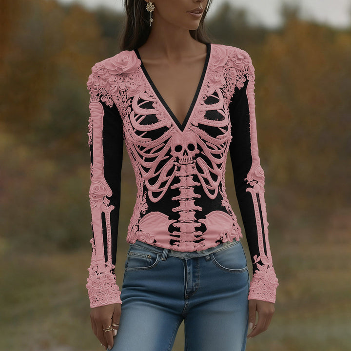 Arwen | Koszulka V-Neck z nadrukiem szkieletu na Halloween