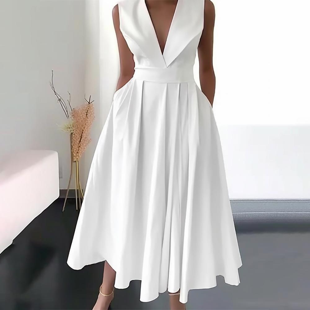Robe Longue Femme Beatrice – Élégante Robe Blanche avec Décolleté en V pour l’Été et les Événements Spéciaux
